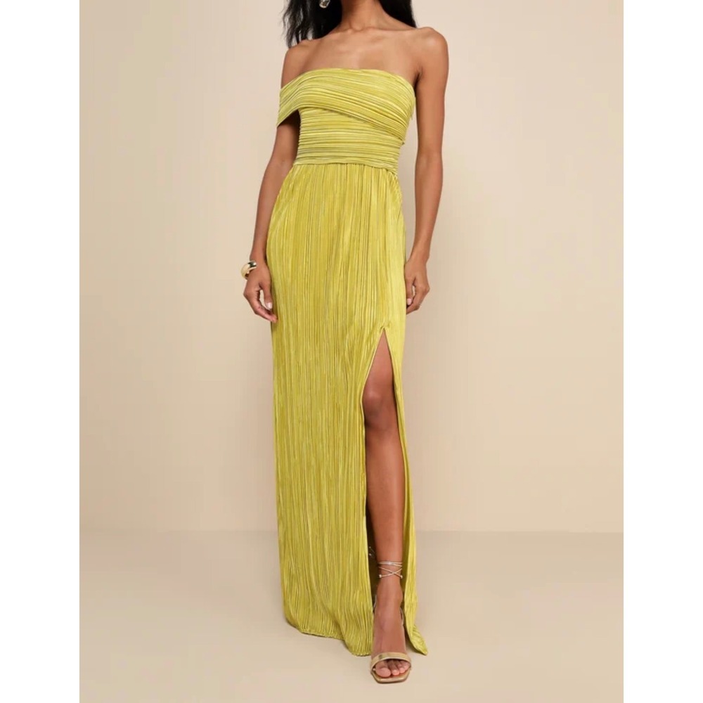 Poised Performance Chartreuse Plisse One-Shoulder Maxi Dress size M NWT